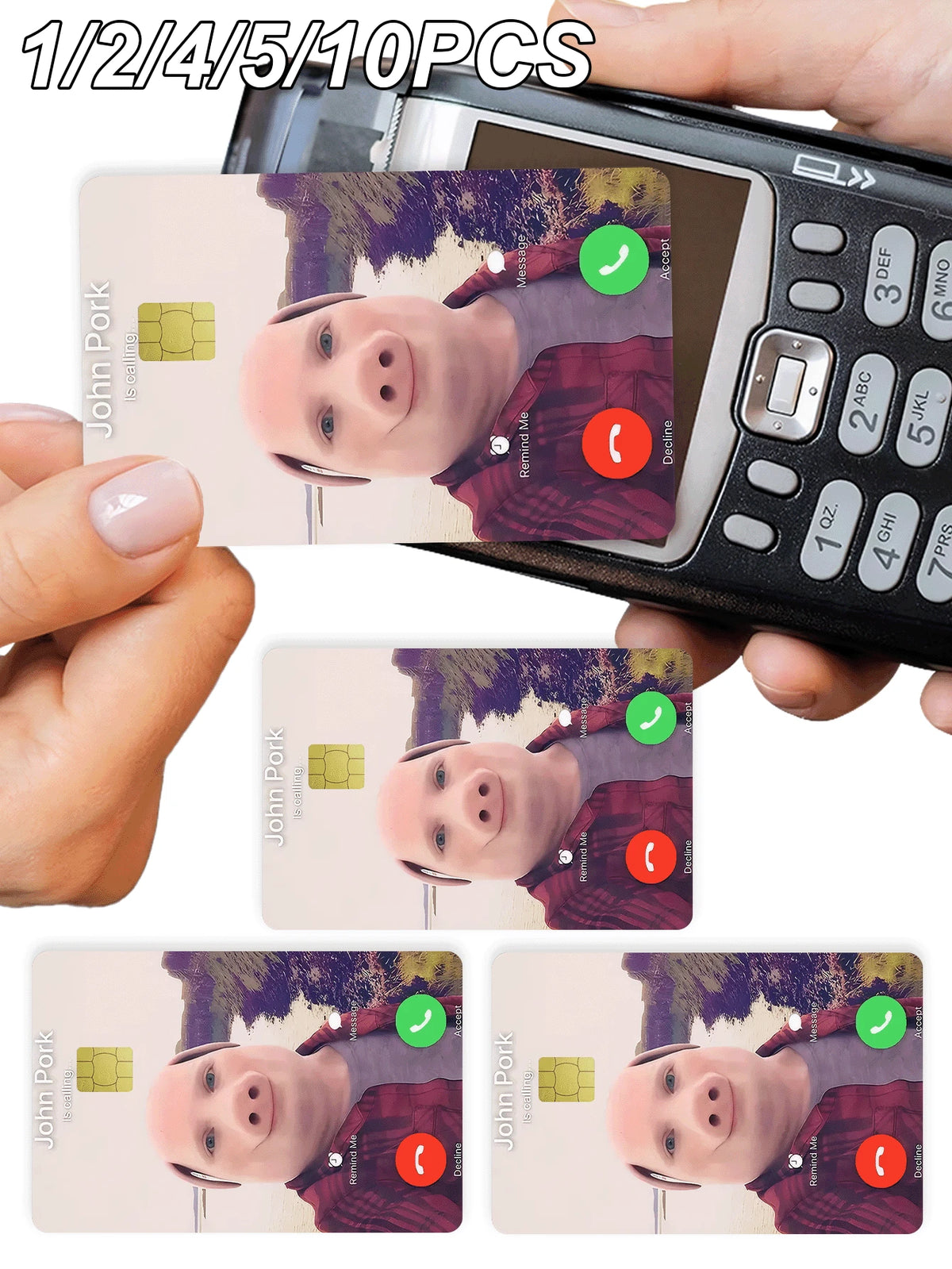 1/2/4/5/10pcs "John Pork" Phone Call Credit Card Decorative Stickers, Funny Call Interface PVC Card Creative Personalized Ultra-Thin Wear-Resistant Protective Cover, Unisex, Suitable For Small Chip Ca