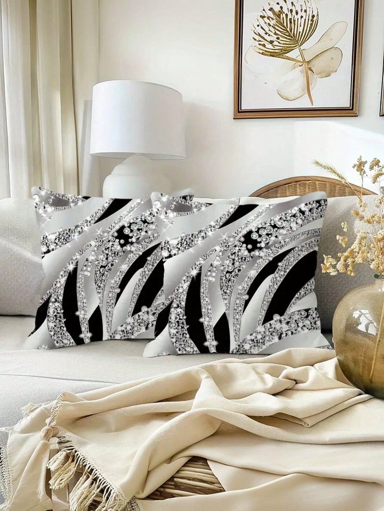 1/2/4pcs Bohemian Style Geometric Pattern Pillow Covers, 2D Flat Print, Luxury Silver Black, Farmhouse Style Decorative Pillow Covers, Suitable For Various Room Types- Pillow Insert Not Included, Geo