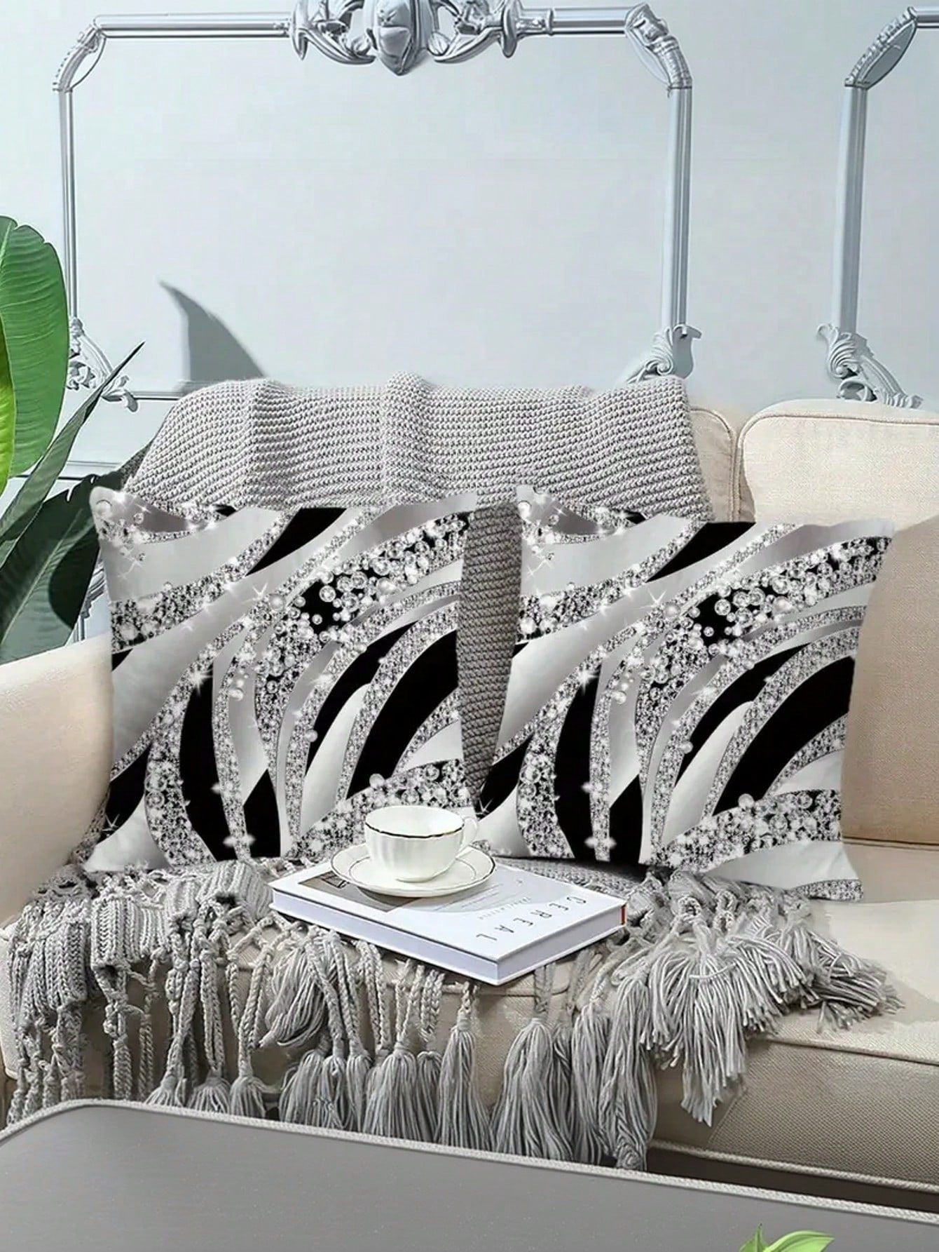 1/2/4pcs Bohemian Style Geometric Pattern Pillow Covers, 2D Flat Print, Luxury Silver Black, Farmhouse Style Decorative Pillow Covers, Suitable For Various Room Types- Pillow Insert Not Included, Geo