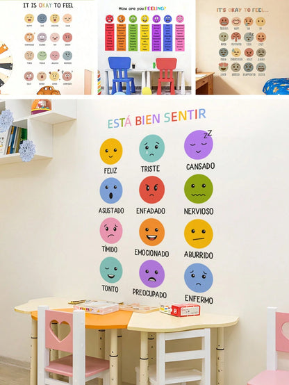 1/2 Sheets Back To School Classroom Decor: Bilingual Spanish Emotions Wheel Wall Sticker, Removable Kids Room Wall Decals For Daycare Learning Center