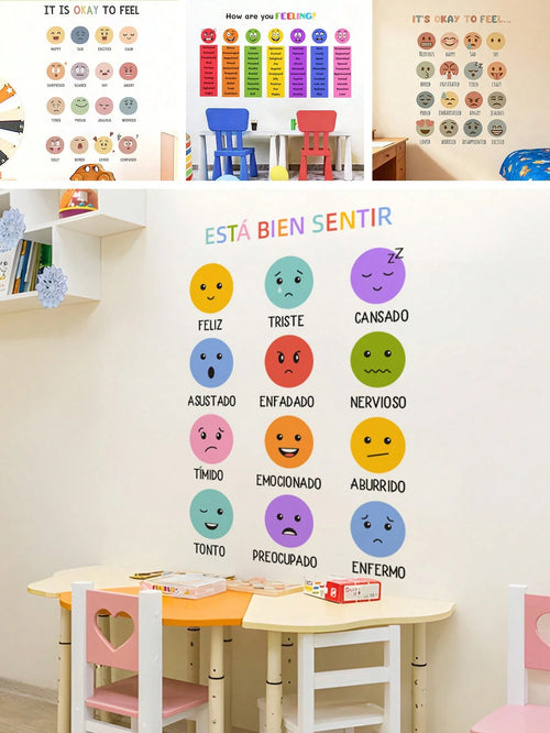 1/2 Sheets Back To School Classroom Decor: Bilingual Spanish Emotions Wheel Wall Sticker, Removable Kids Room Wall Decals For Daycare Learning Center