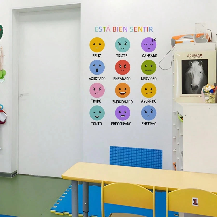 1/2 Sheets Back To School Classroom Decor: Bilingual Spanish Emotions Wheel Wall Sticker, Removable Kids Room Wall Decals For Daycare Learning Center