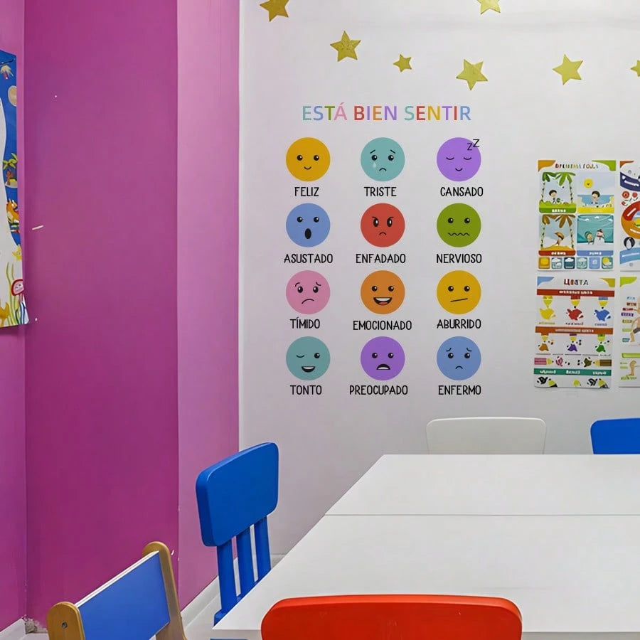 1/2 Sheets Back To School Classroom Decor: Bilingual Spanish Emotions Wheel Wall Sticker, Removable Kids Room Wall Decals For Daycare Learning Center
