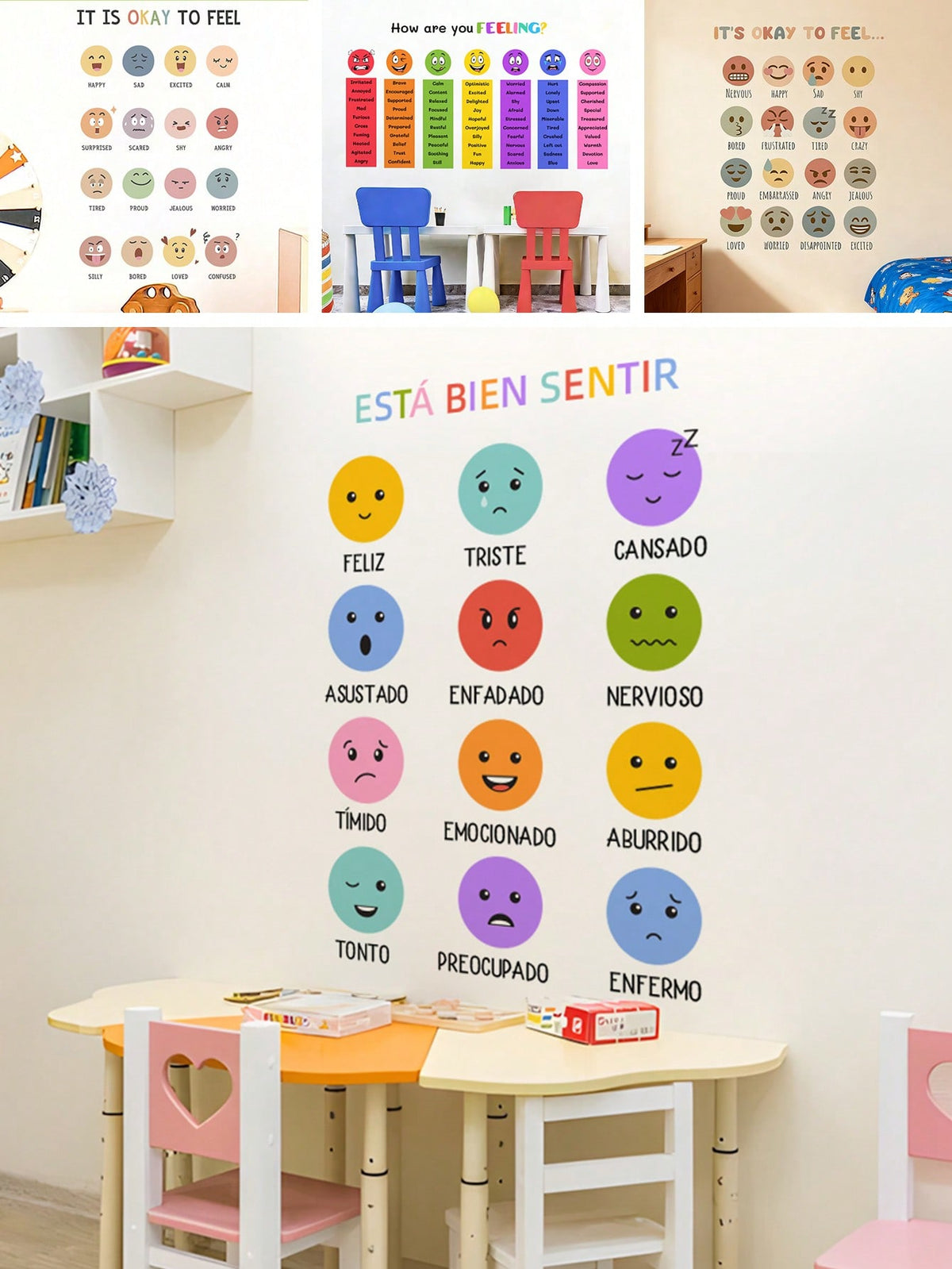 1/2 Sheets Back To School Classroom Decor: Bilingual Spanish Emotions Wheel Wall Sticker, Removable Kids Room Wall Decals For Daycare Learning Center