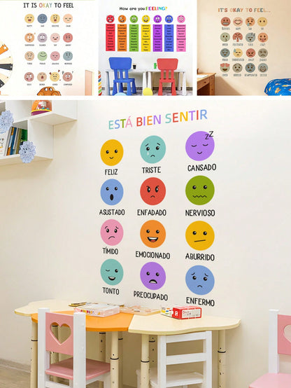 1/2 Sheets Back To School Classroom Decor: Bilingual Spanish Emotions Wheel Wall Sticker, Removable Kids Room Wall Decals For Daycare Learning Center