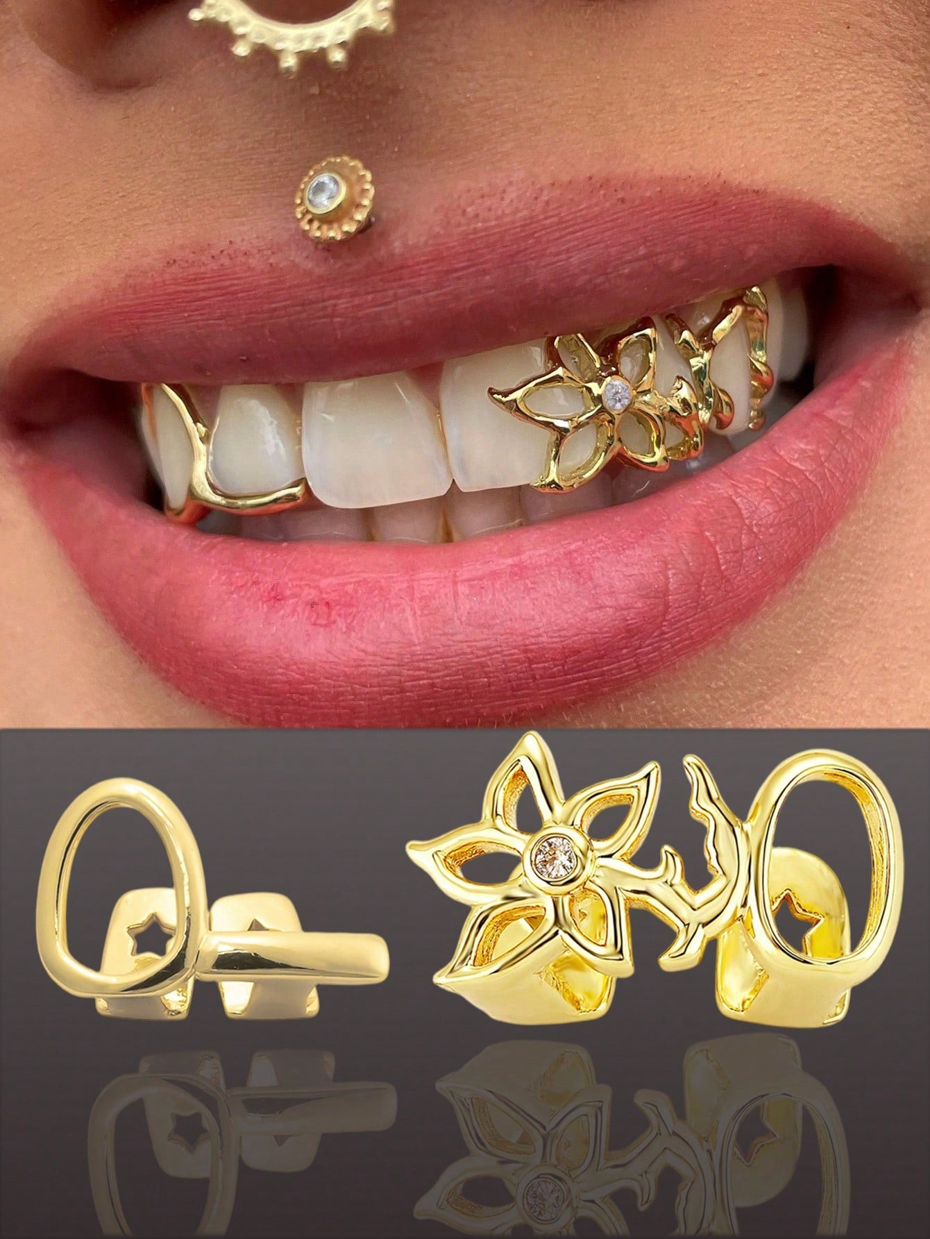 1/2pcs Floral Hollow Design Double Gold Tooth Halloween Cool Tooth Decor Personalized Hip-Hop Side Tooth Accessory Suitable For Daily, Party, Music Festival Wear And Gift