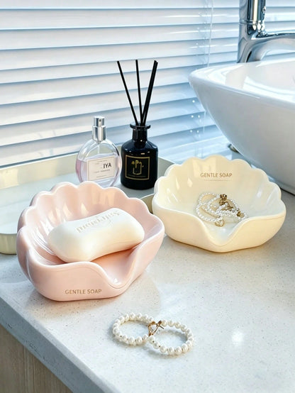 1/2pcs Nordic Style Shell Shaped Soap Dish Bathroom Soap Holder Multifunctional Cosmetic Jewelry Storage Tray White Desktop Decor Home Decor Bathroom Supplies Storage Tray Non-Slip Soap Rack Sink Orga