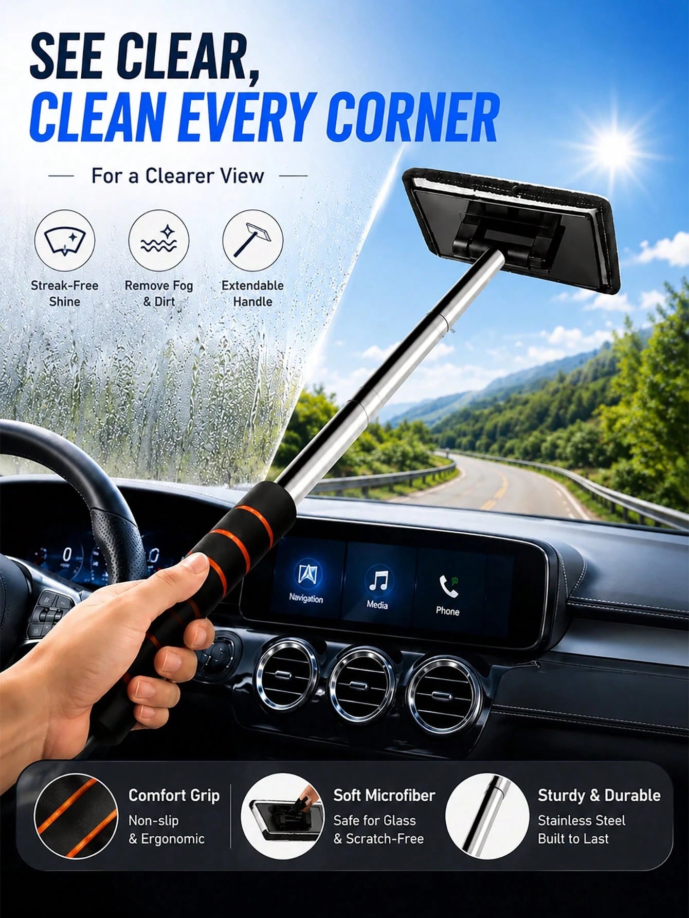 1/3/4PCS Retractable Windshield Cleaning Tool, Telescopic Car Window Cleaner With Washable Microfiber Pads, Interior Glass Cleaning Brush, Streak-Free Auto Windshield Cleaner For Cars, SUVs, Trucks &
