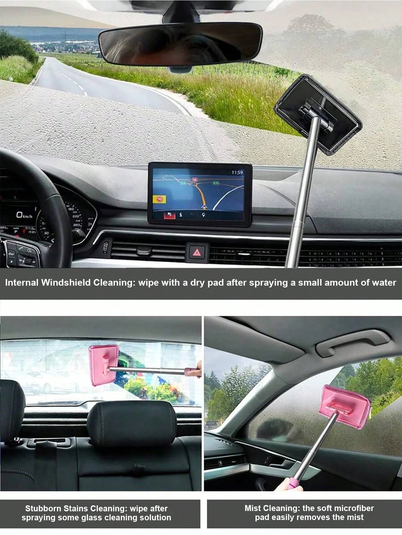 1/3/4PCS Retractable Windshield Cleaning Tool, Telescopic Car Window Cleaner With Washable Microfiber Pads, Interior Glass Cleaning Brush, Streak-Free Auto Windshield Cleaner For Cars, SUVs, Trucks &