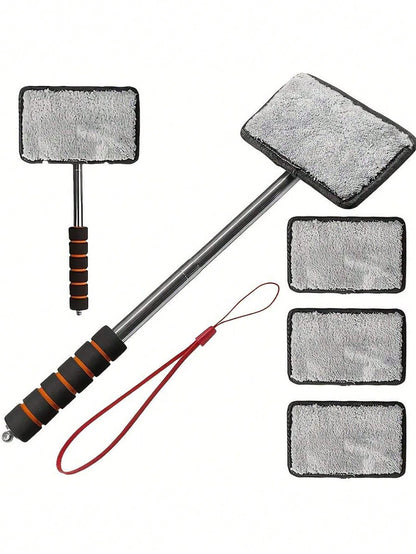 1/3/4PCS Retractable Windshield Cleaning Tool, Telescopic Car Window Cleaner With Washable Microfiber Pads, Interior Glass Cleaning Brush, Streak-Free Auto Windshield Cleaner For Cars, SUVs, Trucks &