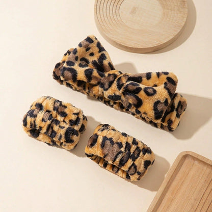 1/3pcs Leopard Print Bow Headband, Wrist Wrap Set With Printed Headscarf, Absorbent Wristband, Reusable Washing Wristband, Soft Microfiber Towel Wristband, Facial Cleansing Wristband For Women, Girls