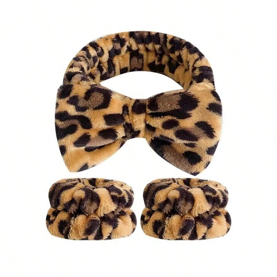 1/3pcs Leopard Print Bow Headband, Wrist Wrap Set With Printed Headscarf, Absorbent Wristband, Reusable Washing Wristband, Soft Microfiber Towel Wristband, Facial Cleansing Wristband For Women, Girls