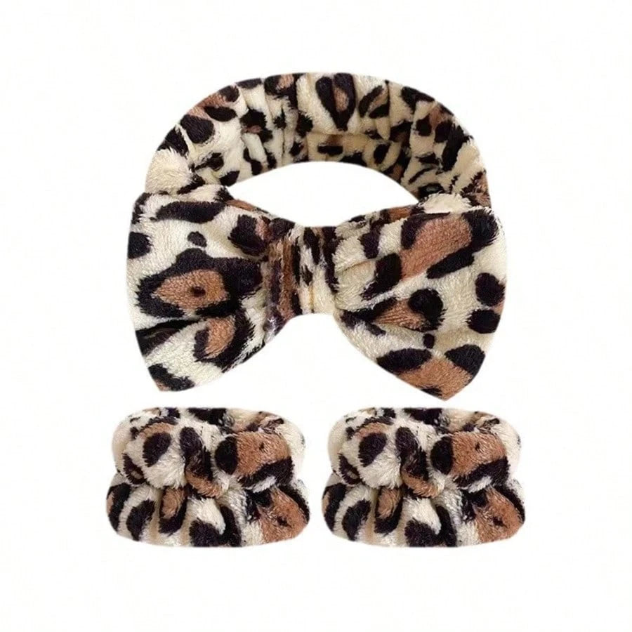 1/3pcs Leopard Print Bow Headband, Wrist Wrap Set With Printed Headscarf, Absorbent Wristband, Reusable Washing Wristband, Soft Microfiber Towel Wristband, Facial Cleansing Wristband For Women, Girls