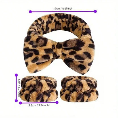 1/3pcs Leopard Print Bow Headband, Wrist Wrap Set With Printed Headscarf, Absorbent Wristband, Reusable Washing Wristband, Soft Microfiber Towel Wristband, Facial Cleansing Wristband For Women, Girls