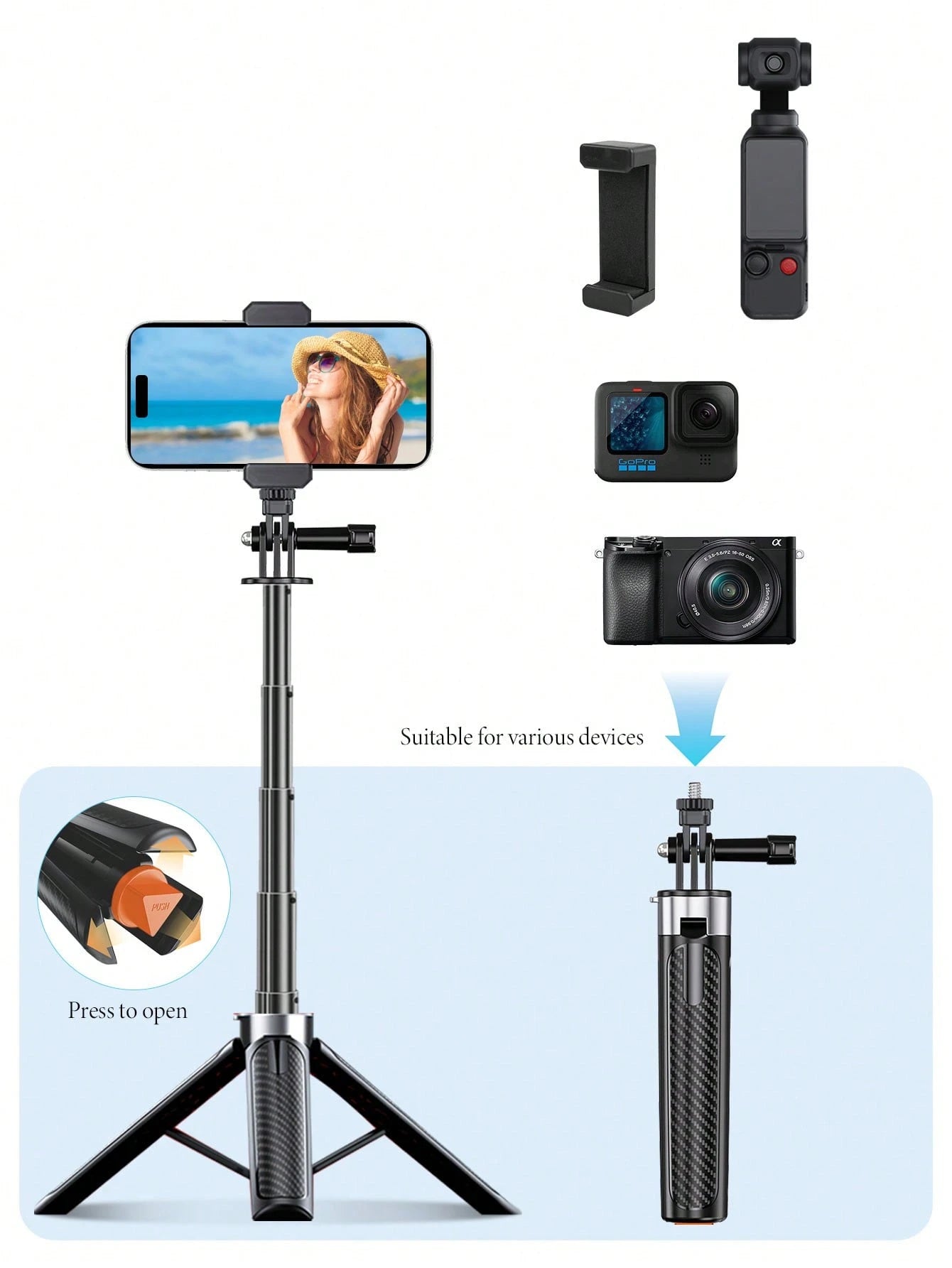 1.6m/63in Extendable Camera Tripod Selfie Stick, Aluminum Alloy Monopod Stand Suitable For Phone, DSLR Camera And Ring Light