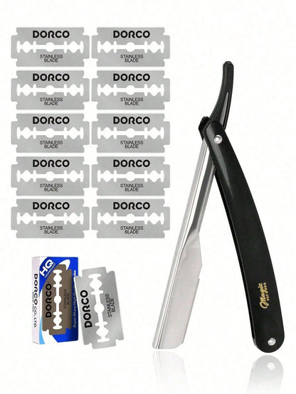 1 Black Scraper+10 Blades;Unisex Folding Travel Straight Edge Razor Set With Ultra-Thin Stainless Steel Double-Sided Blades, Suitable For Home And Salon Beauty Use