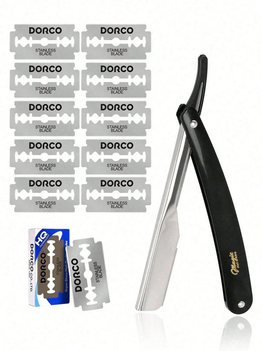 1 Black Scraper+10 Blades;Unisex Folding Travel Straight Edge Razor Set With Ultra-Thin Stainless Steel Double-Sided Blades, Suitable For Home And Salon Beauty Use