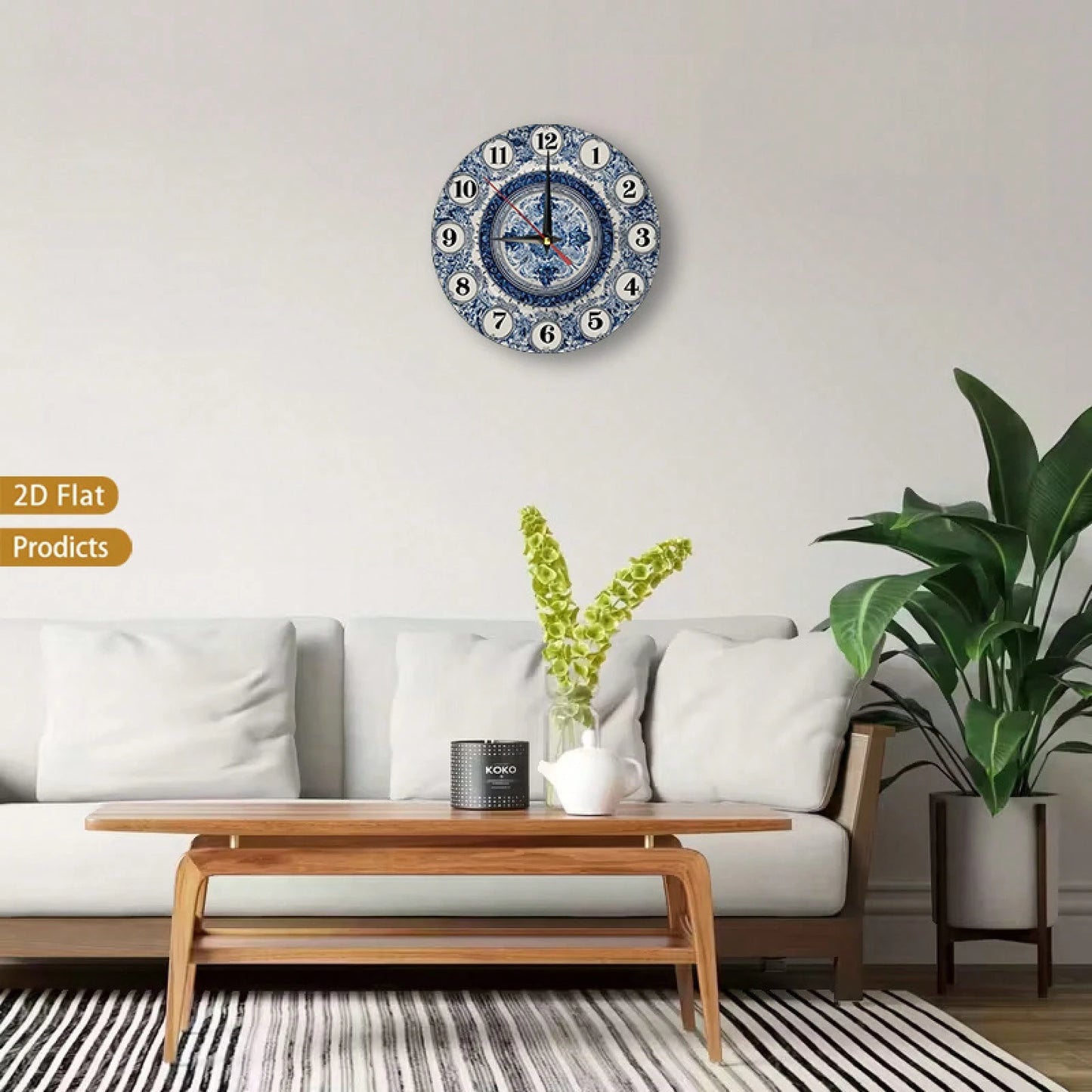 1 Navy Blue And White Floral Wall Clock- Silent, Non-Ticking, Large 12inch Dial, Wooden Frame, Requires AA Batteries (Not Included)