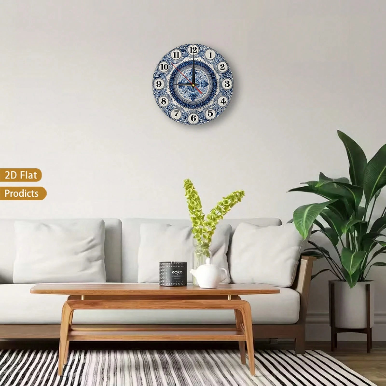 1 Navy Blue And White Floral Wall Clock- Silent, Non-Ticking, Large 12inch Dial, Wooden Frame, Requires AA Batteries (Not Included)