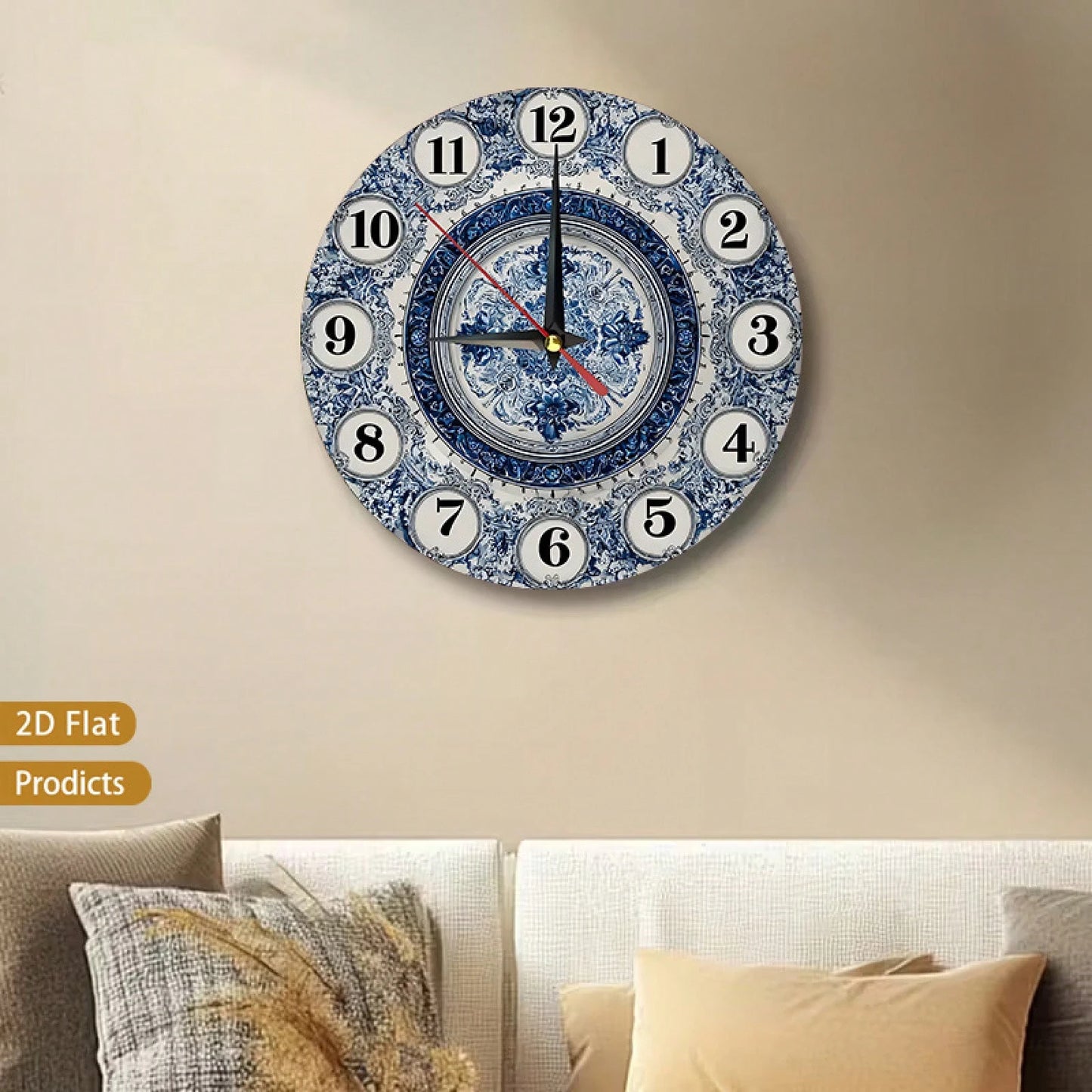 1 Navy Blue And White Floral Wall Clock- Silent, Non-Ticking, Large 12inch Dial, Wooden Frame, Requires AA Batteries (Not Included)