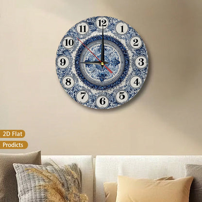 1 Navy Blue And White Floral Wall Clock- Silent, Non-Ticking, Large 12inch Dial, Wooden Frame, Requires AA Batteries (Not Included)