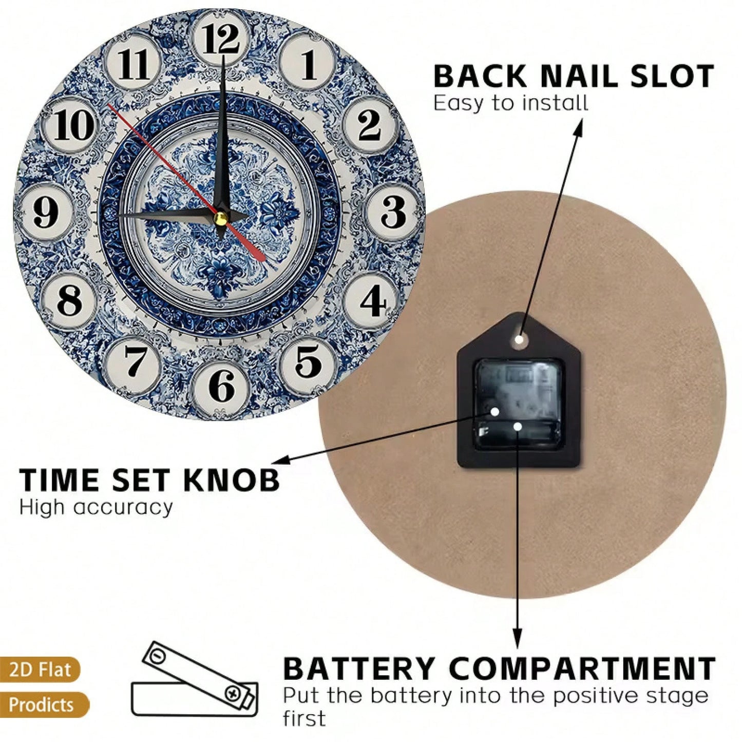1 Navy Blue And White Floral Wall Clock- Silent, Non-Ticking, Large 12inch Dial, Wooden Frame, Requires AA Batteries (Not Included)