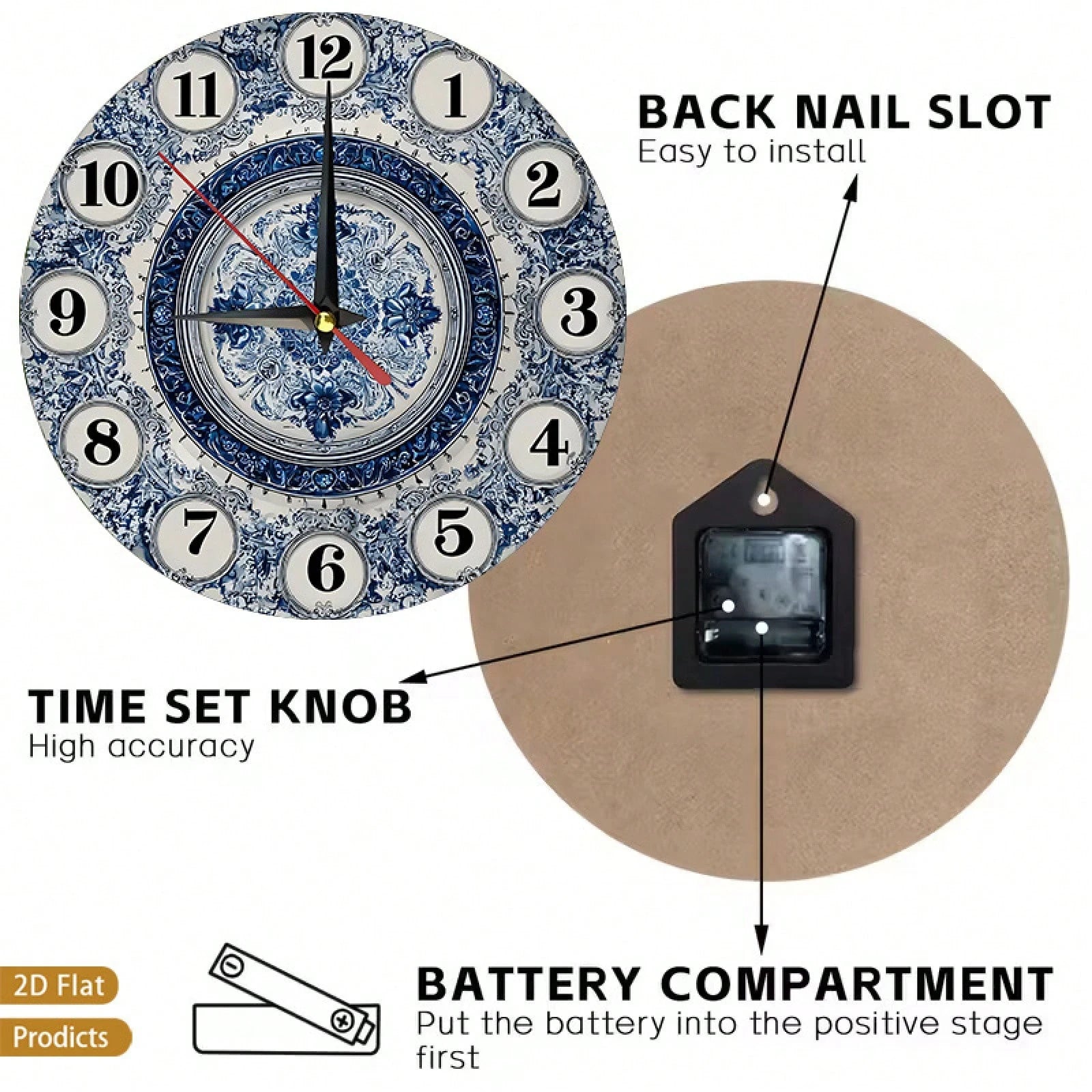 1 Navy Blue And White Floral Wall Clock- Silent, Non-Ticking, Large 12inch Dial, Wooden Frame, Requires AA Batteries (Not Included)