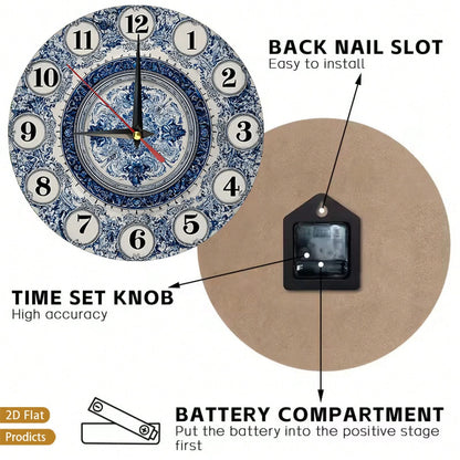 1 Navy Blue And White Floral Wall Clock- Silent, Non-Ticking, Large 12inch Dial, Wooden Frame, Requires AA Batteries (Not Included)