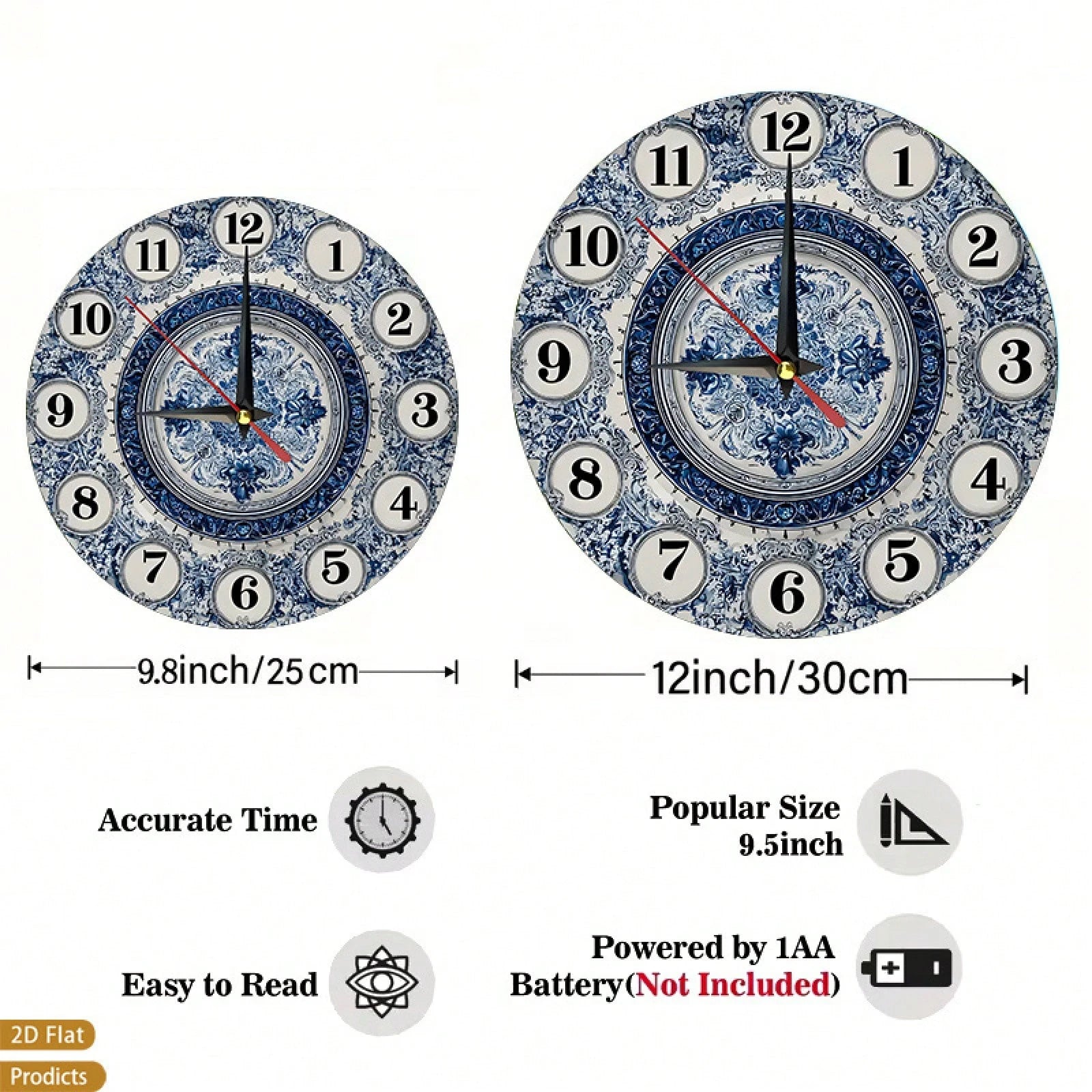 1 Navy Blue And White Floral Wall Clock- Silent, Non-Ticking, Large 12inch Dial, Wooden Frame, Requires AA Batteries (Not Included)