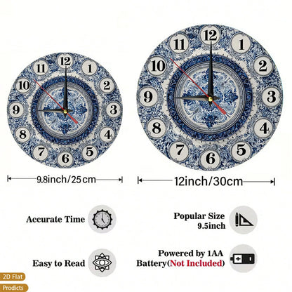 1 Navy Blue And White Floral Wall Clock- Silent, Non-Ticking, Large 12inch Dial, Wooden Frame, Requires AA Batteries (Not Included)