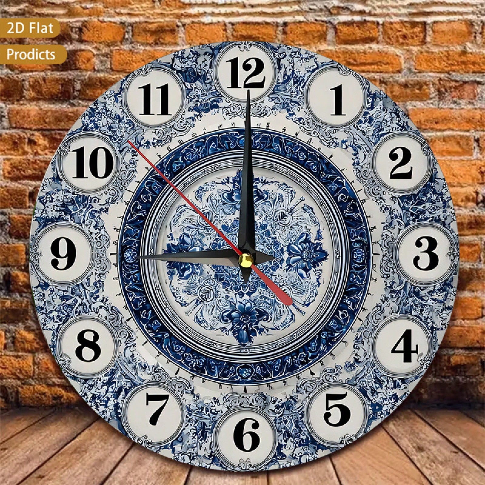 1 Navy Blue And White Floral Wall Clock- Silent, Non-Ticking, Large 12inch Dial, Wooden Frame, Requires AA Batteries (Not Included)