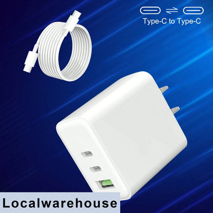 1-Pack 3-Port (2 USB-C + 1 USB-A) Wall Charger + Type-C To Type-C Cable, Fast Charging For 12/13/14/15/16 Series, IPad & Android Phones/Tablets, Local Warehouse Suitable For Multiple People Charging