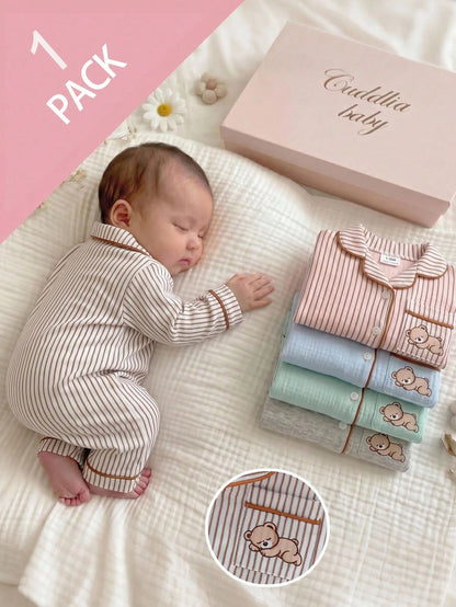 1-Pack Newborn Baby Boy Cotton Blend Khaki Vertical Striped Jumpsuit With Chest Pocket, Cute Bear Print, Deep Khaki Contrast Trim, Collared Long Sleeve Crawl Suit, Loungewear