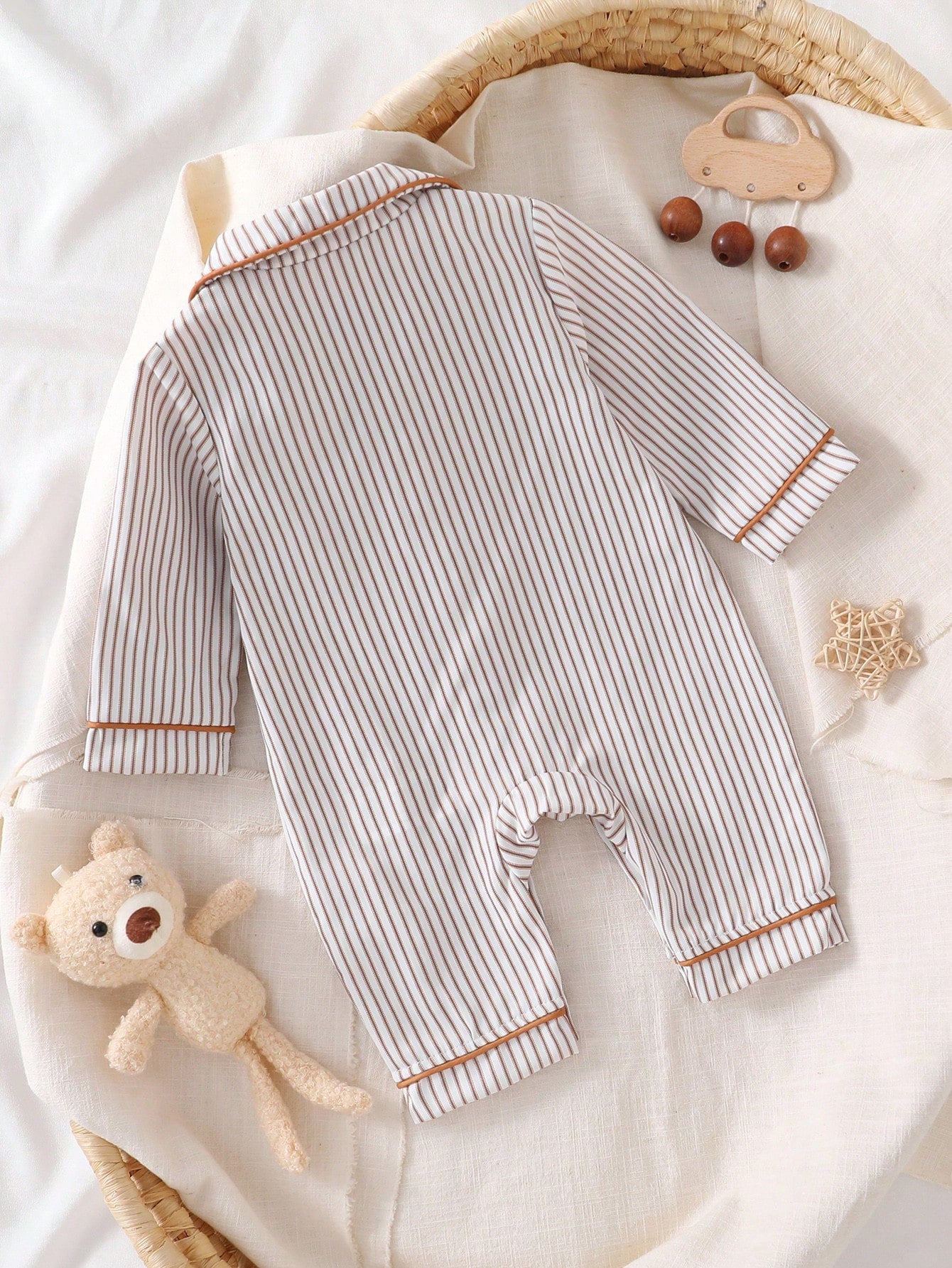 1-Pack Newborn Baby Boy Cotton Blend Khaki Vertical Striped Jumpsuit With Chest Pocket, Cute Bear Print, Deep Khaki Contrast Trim, Collared Long Sleeve Crawl Suit, Loungewear