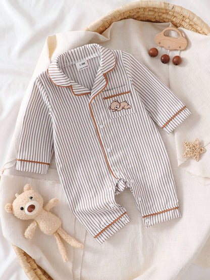 1-Pack Newborn Baby Boy Cotton Blend Khaki Vertical Striped Jumpsuit With Chest Pocket, Cute Bear Print, Deep Khaki Contrast Trim, Collared Long Sleeve Crawl Suit, Loungewear