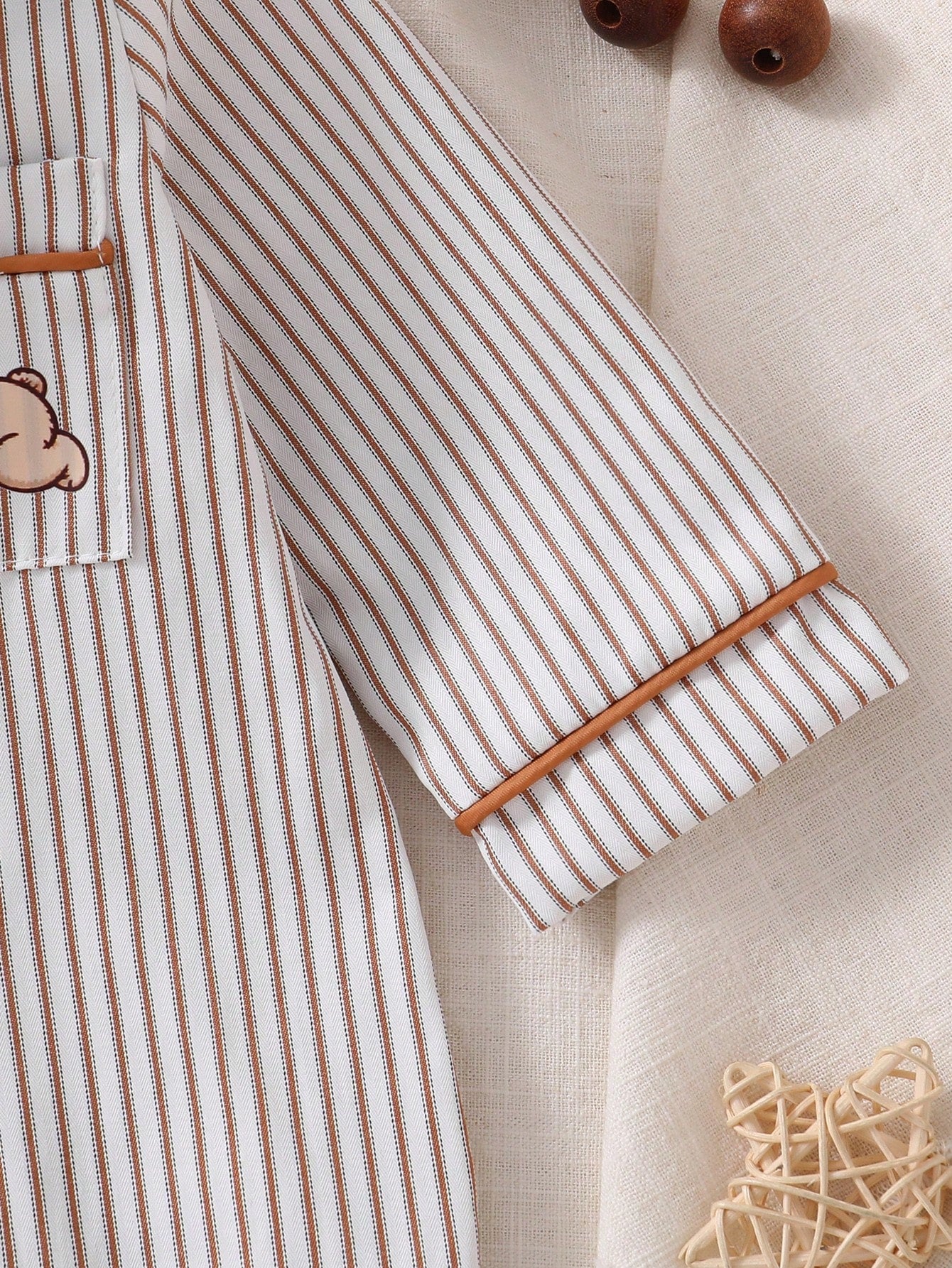 1-Pack Newborn Baby Boy Cotton Blend Khaki Vertical Striped Jumpsuit With Chest Pocket, Cute Bear Print, Deep Khaki Contrast Trim, Collared Long Sleeve Crawl Suit, Loungewear