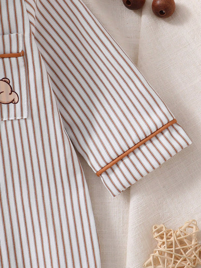 1-Pack Newborn Baby Boy Cotton Blend Khaki Vertical Striped Jumpsuit With Chest Pocket, Cute Bear Print, Deep Khaki Contrast Trim, Collared Long Sleeve Crawl Suit, Loungewear