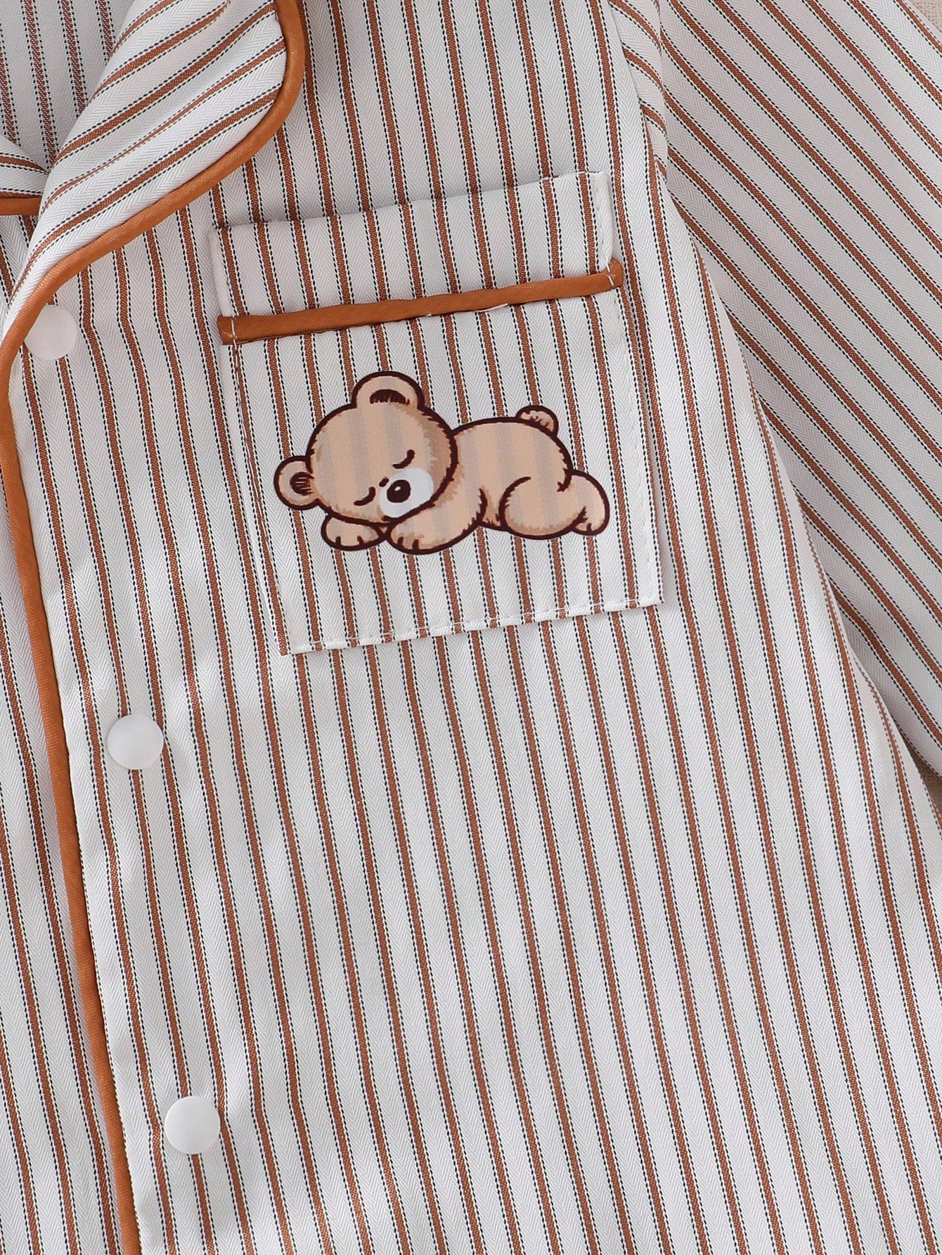 1-Pack Newborn Baby Boy Cotton Blend Khaki Vertical Striped Jumpsuit With Chest Pocket, Cute Bear Print, Deep Khaki Contrast Trim, Collared Long Sleeve Crawl Suit, Loungewear