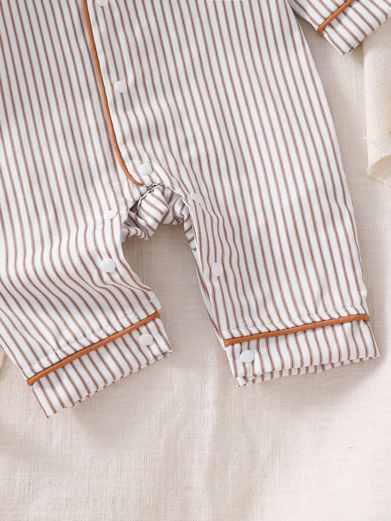 1-Pack Newborn Baby Boy Cotton Blend Khaki Vertical Striped Jumpsuit With Chest Pocket, Cute Bear Print, Deep Khaki Contrast Trim, Collared Long Sleeve Crawl Suit, Loungewear