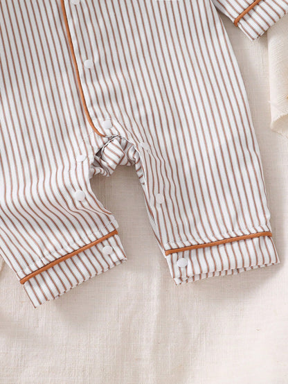1-Pack Newborn Baby Boy Cotton Blend Khaki Vertical Striped Jumpsuit With Chest Pocket, Cute Bear Print, Deep Khaki Contrast Trim, Collared Long Sleeve Crawl Suit, Loungewear