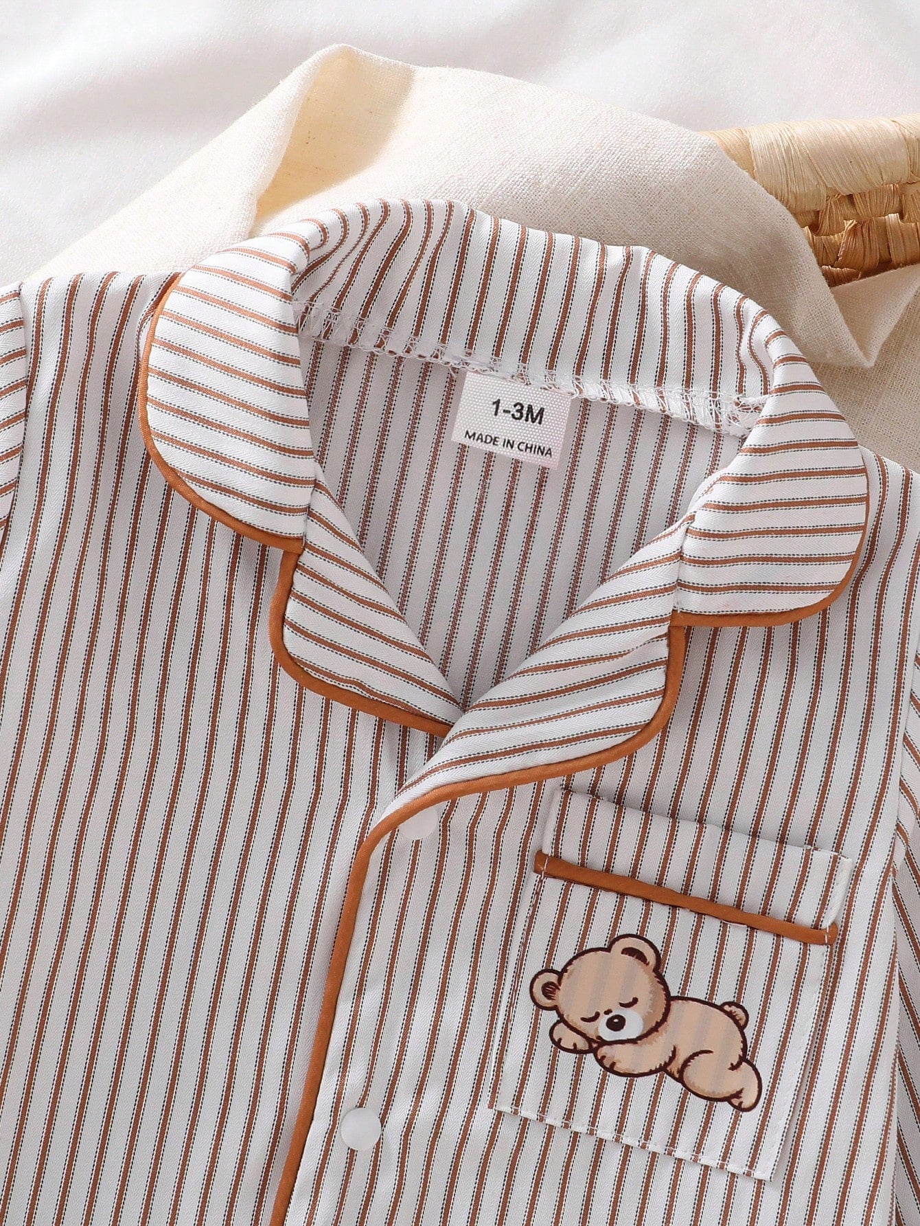 1-Pack Newborn Baby Boy Cotton Blend Khaki Vertical Striped Jumpsuit With Chest Pocket, Cute Bear Print, Deep Khaki Contrast Trim, Collared Long Sleeve Crawl Suit, Loungewear