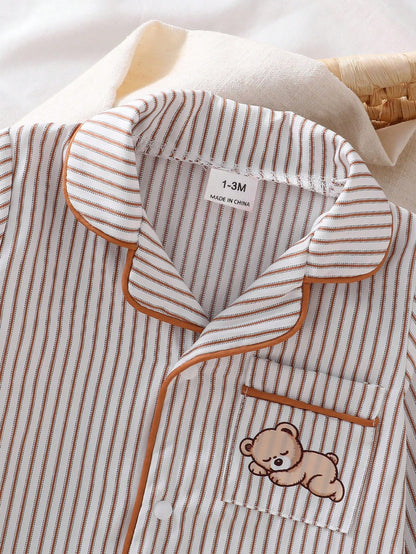 1-Pack Newborn Baby Boy Cotton Blend Khaki Vertical Striped Jumpsuit With Chest Pocket, Cute Bear Print, Deep Khaki Contrast Trim, Collared Long Sleeve Crawl Suit, Loungewear