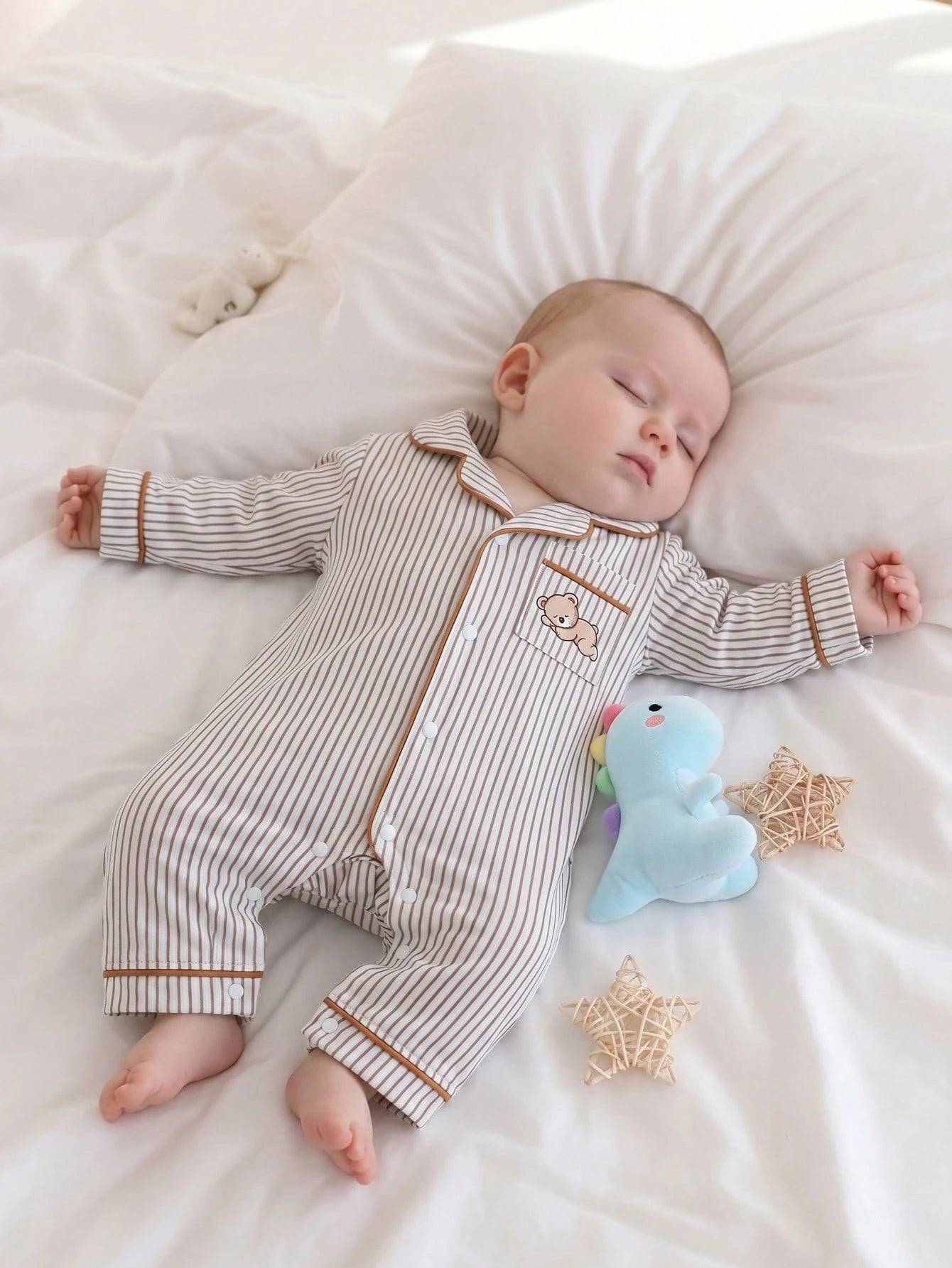 1-Pack Newborn Baby Boy Cotton Blend Khaki Vertical Striped Jumpsuit With Chest Pocket, Cute Bear Print, Deep Khaki Contrast Trim, Collared Long Sleeve Crawl Suit, Loungewear