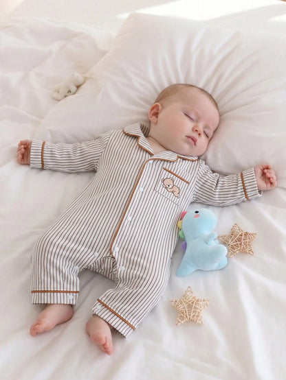 1-Pack Newborn Baby Boy Cotton Blend Khaki Vertical Striped Jumpsuit With Chest Pocket, Cute Bear Print, Deep Khaki Contrast Trim, Collared Long Sleeve Crawl Suit, Loungewear