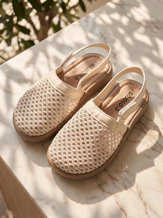 1 Pair 2026 Girls' Knitted Mesh Round Toe Hook & Loop Thick Sole Closed Toe Sandals, Summer Campus Daily Style