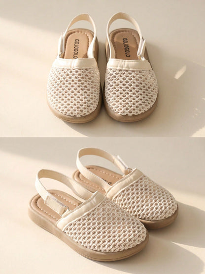1 Pair 2026 Girls' Knitted Mesh Round Toe Hook & Loop Thick Sole Closed Toe Sandals, Summer Campus Daily Style