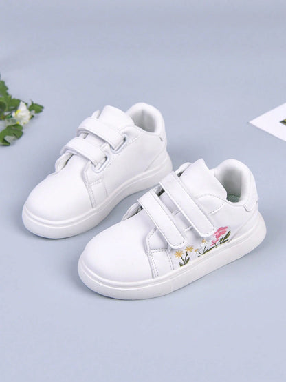 1 Pair Girls' Fresh Embroidered White Sneakers, High-Quality Fabric, Dirt-Resistant And Easy To Clean, Hook And Loop Closure For Easy On And Off, Soft And Elastic Non-Slip Sole For Stable Walking, Fre