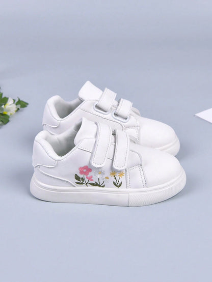 1 Pair Girls' Fresh Embroidered White Sneakers, High-Quality Fabric, Dirt-Resistant And Easy To Clean, Hook And Loop Closure For Easy On And Off, Soft And Elastic Non-Slip Sole For Stable Walking, Fre