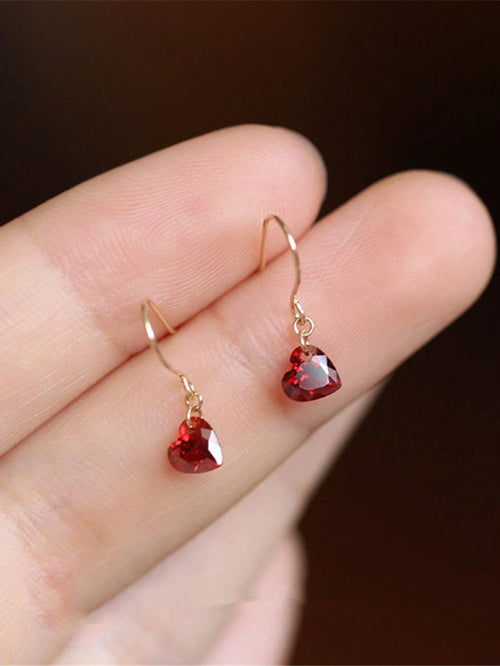 1 Pair S925 Sterling Silver Wine Red Heart Shaped Elegant Earrings, Ideal Gift For Friend/Classmate Birthday Party