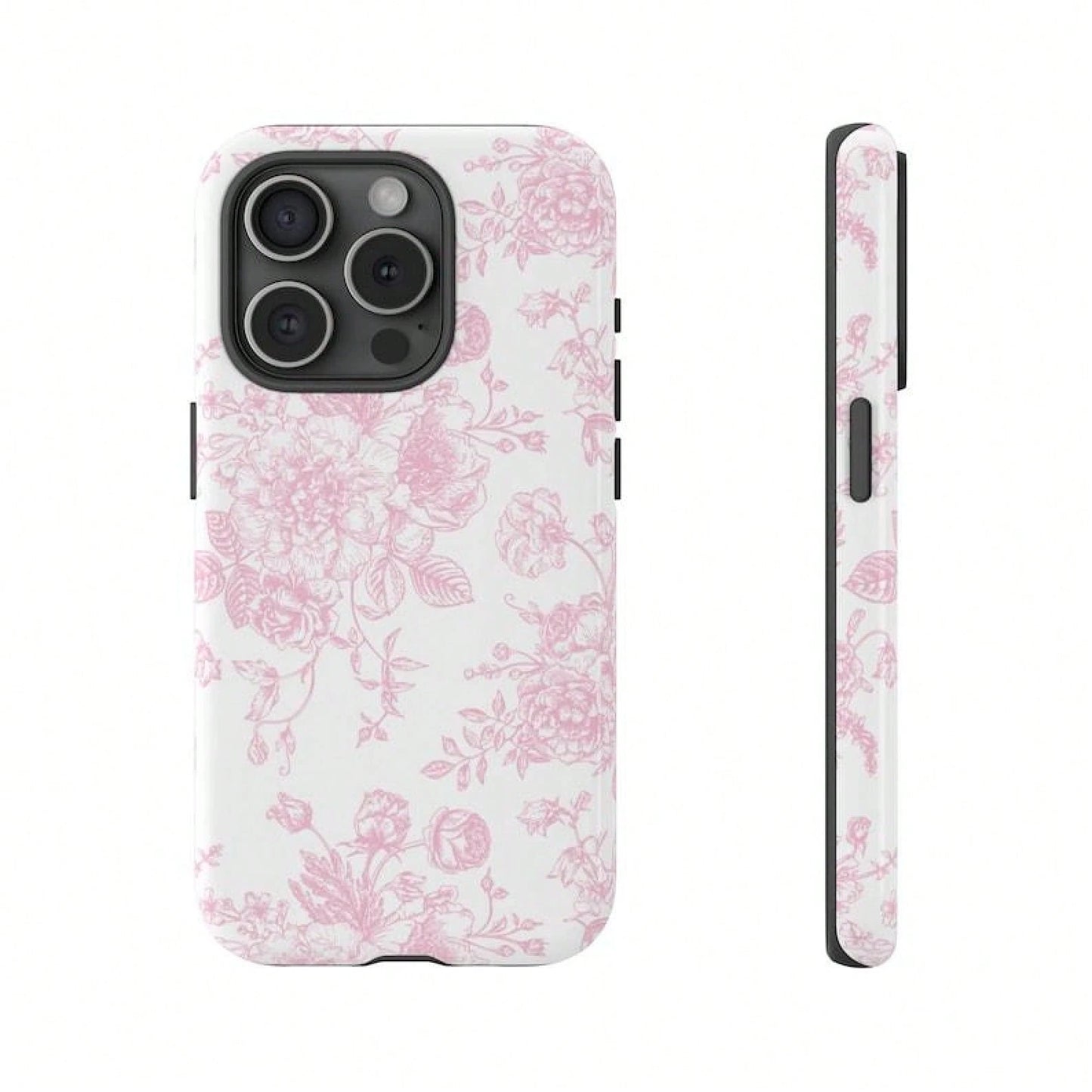 1 Pc French Toile De Jouy Tough Phone Case, Light Pink And White Floral Tough Phone Case For IPhone 15Pro, 14, 13, 12, 11, 8, XR Mini, Pro Max, Plus Accessories Protection Flower Case